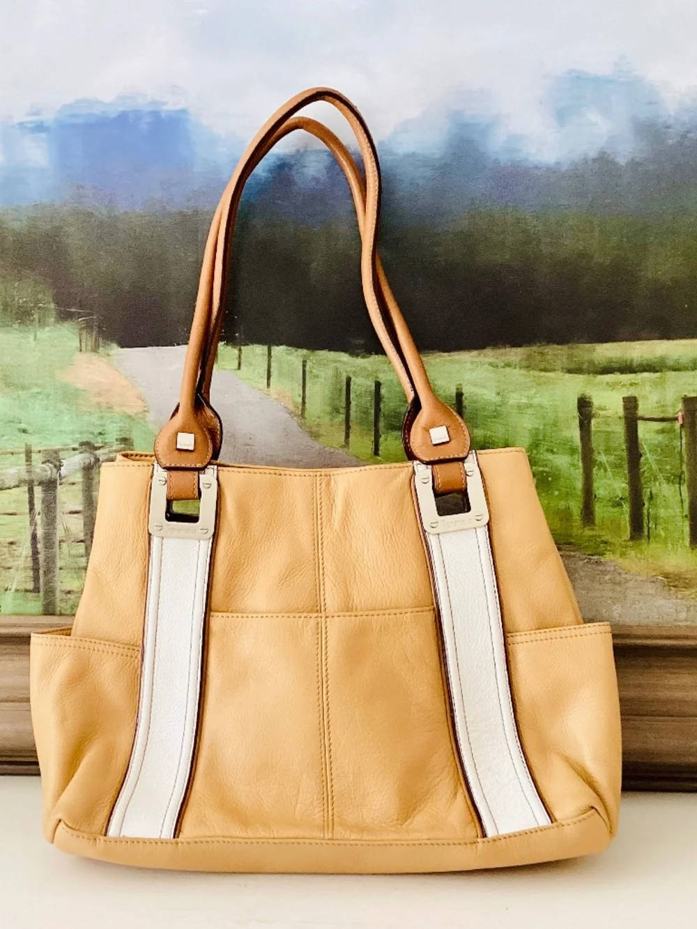 Tignanello Leather Yellow White Large Shoulder Purse Handbag Hobo Tote Summer